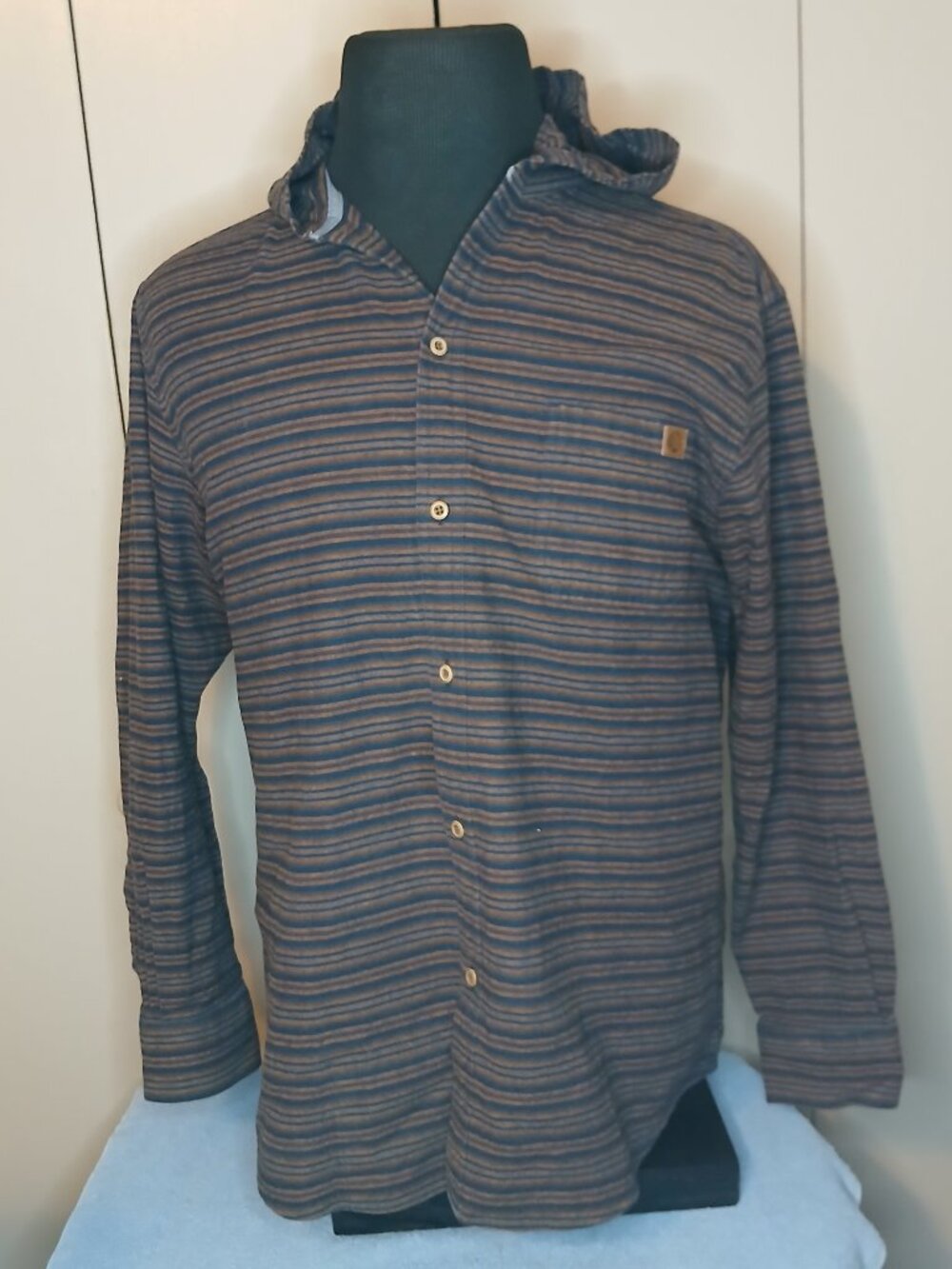 Salaris Men's XL Brown Black Striped Button Up Hoodie (1206N7)